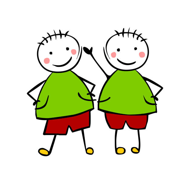 ilustraciones, imágenes clip art, dibujos animados e iconos de stock de muchachos gemelos. plano pueblo en estilo infantil - twins
