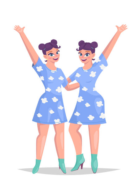 Twins sisters hugging, vector illustration Two happy identical twins sisters hugging, happy girls vector illustration twins stock illustrations