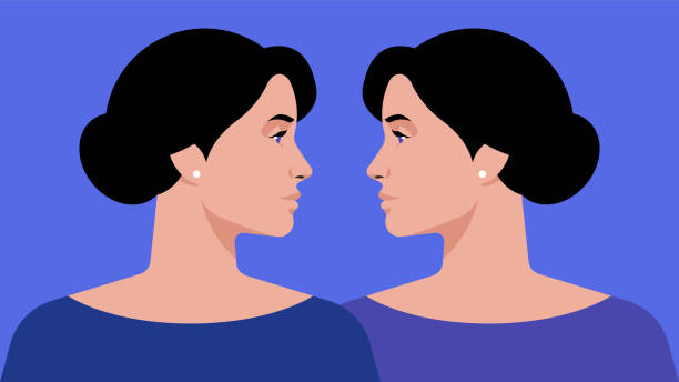 ilustraciones, imágenes clip art, dibujos animados e iconos de stock de hermanas gemelas - retrato de dos mujeres idénticas se miran. dos hermosas chicas de fondo azul. ilustración vectorial moderna. géminis. gemelos. - twins