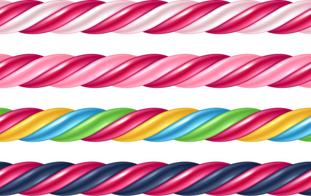 Twisted cane colorful borders set. Vector illustration Twisted candy cane colorful seamless borders set. Stick of hard candy pattern. Vector illustration. candy borders stock illustrations
