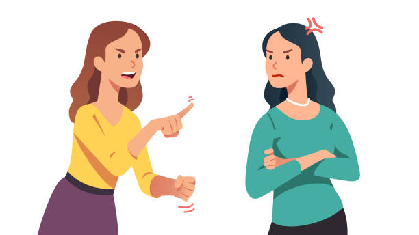 Two arguing women. Angry lady yelling, shaking clenched fist and pointing finger at annoyed disagreeing friend. Person losing temper in conflict. People argument. Flat vector character illustration Two arguing women. Angry lady yelling, shaking clenched fist and pointing finger at annoyed disagreeing friend. Person losing temper in conflict. People argument. Flat style vector character illustration fighting illustrations stock illustrations