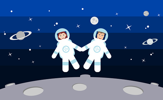2人の宇宙飛行士が手をつないで宇宙に浮かぶ宇宙服を着た幸せな男女が 