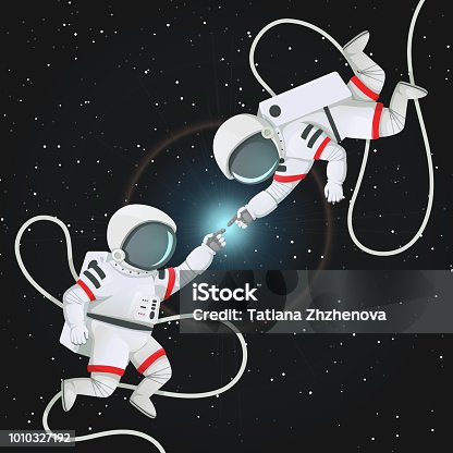 istock Two astronauts with tethers reaching to each other in space. Romantic scene, connection. 1010327192