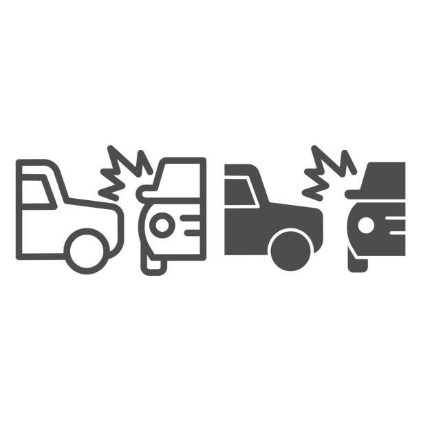 2つの自動車道路クラッシュラインと固体アイコン。正面またはサイドドライビング衝突シンボル、白い背景にアウトラインスタイルのピクトグラム。モバイルコンセプト、ウェブデザインの - 交通事故点のイラスト素材／クリップアート素材／マンガ素材／アイコン素材