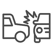 Two automobile road crash line icon. Frontal or side driving collision symbol, outline style pictogram on white background. Car accident sign for mobile concept, web design. Vector graphics
