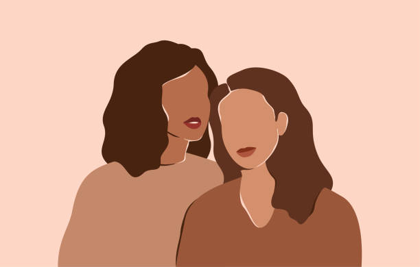 Two beautiful women with different skin colors stand together. Abstract minimal portrait of two girls in earth's natural tones. Concept of sisterhood and females friendship. Two beautiful women with different skin colors stand together. Abstract minimal portrait of two girls in earth's natural tones. Concept of sisterhood and females friendship.  Vector illustration two women stock illustrations