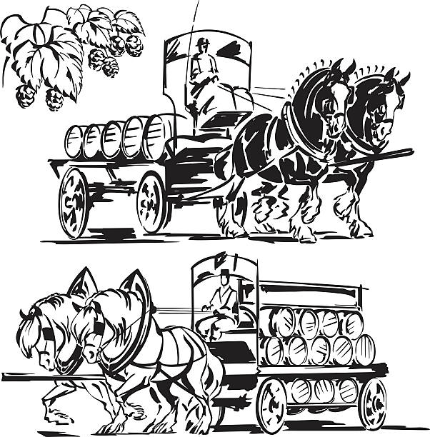 Two beer wagons and a hop branch Brush-drawing based vector illustration showing two horse-drawn beer wagons and a hop branch. shire horse stock illustrations