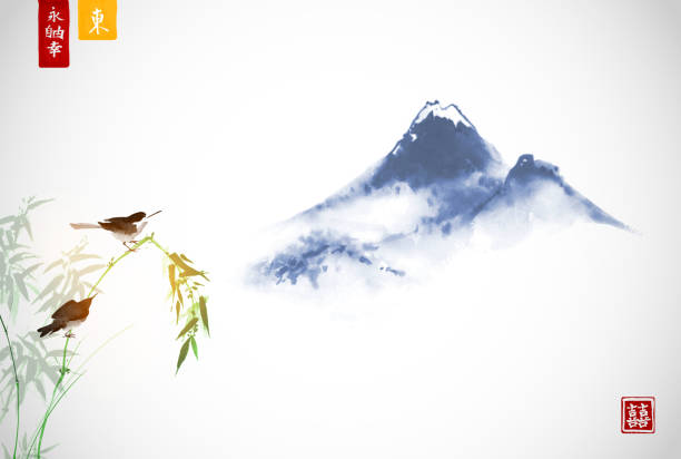 竹と遠い青い山の上に2羽の鳥。伝統的な東洋の墨画すえ、うし、ゴーフア。 象形文字 - 永遠、自由、幸福、東 - 富士山点のイラスト素材／クリップアート素材／マンガ素材／アイコン素材