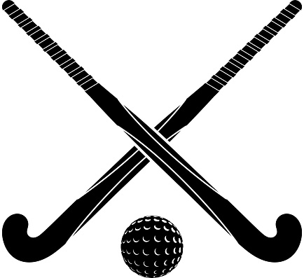 Two black silhouettes sticks for field hockey and ball