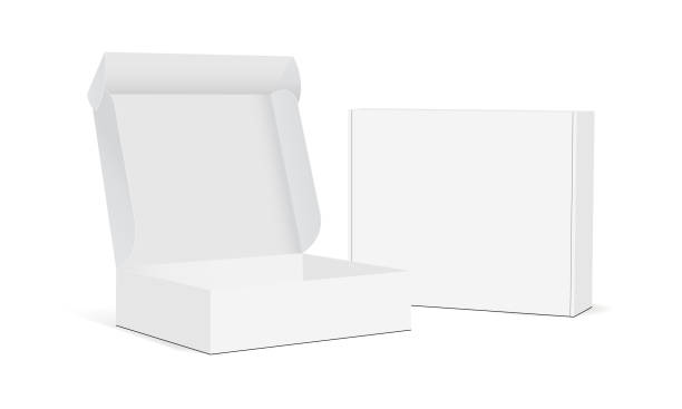 две пустые упаковочные коробки - открытый и закрытый макет - белый stock illustrations