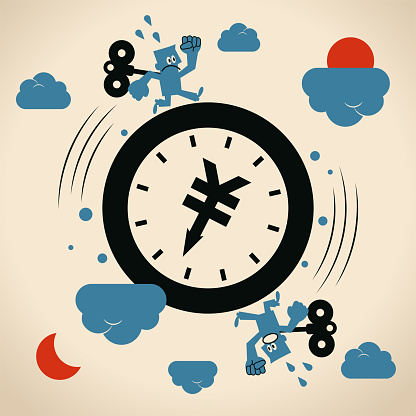 Blue Characters Vector Art Illustration.
Two blue men with a wind-up key on their back are running around a big clock with a Yuan or Yen sign (Chinese, Taiwanese or Japanese currency) hour hand (doing the same work, going around the circle) day after day.