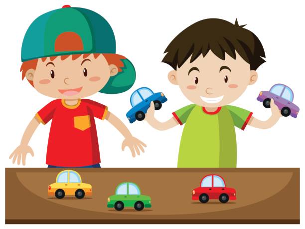 Two boys playing with cars illustration