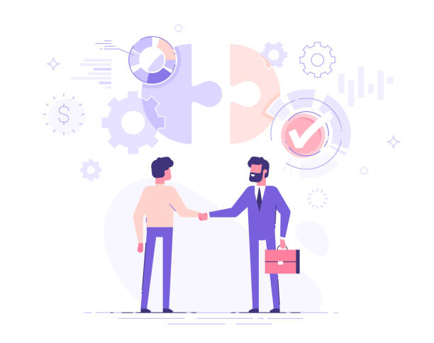 Two business partners are shaking hands. The investor investing money to idea and startup. Partnership and deal concept. Modern vector illustration.  client relationship stock illustrations