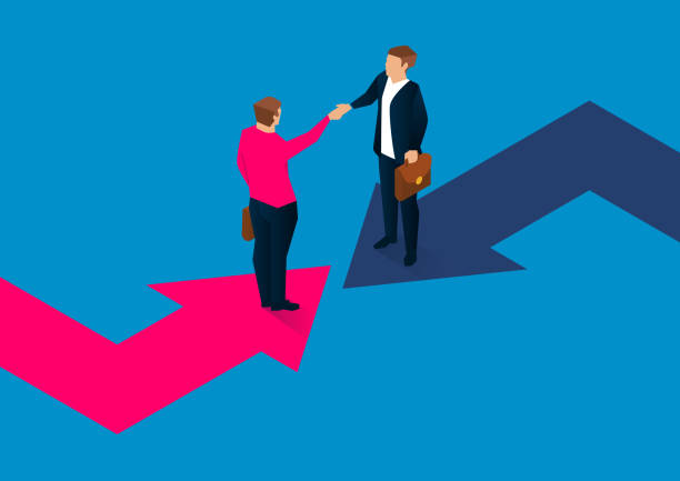 Two businessmen shaking hands on a turning arrow Two businessmen shaking hands on a turning arrow business relationship stock illustrations