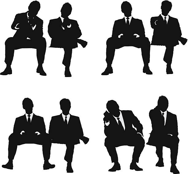 illustrazioni stock, clip art, cartoni animati e icone di tendenza di due uomini d'affari seduto - accavallare le gambe