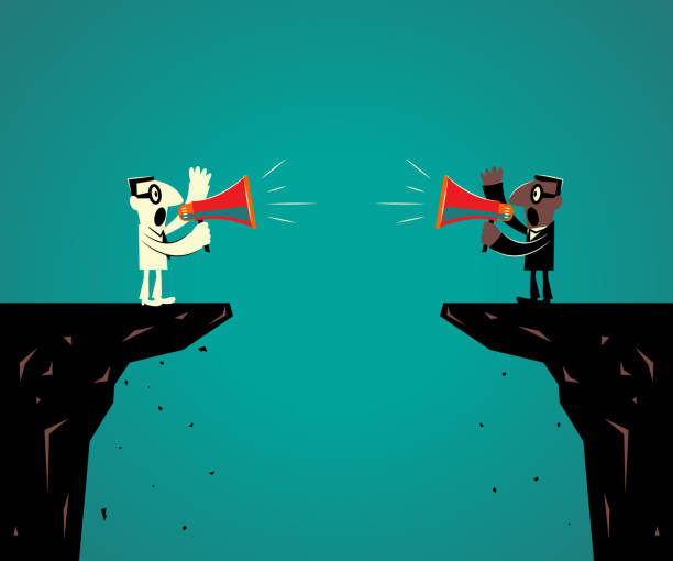Two businessmen standing at the edge of the cliff and discussing with megaphone Business characters vector art illustration full length.
Two businessmen standing at the edge of the cliff and discussing with megaphone.
Is your communication accuracy? fighting illustrations stock illustrations
