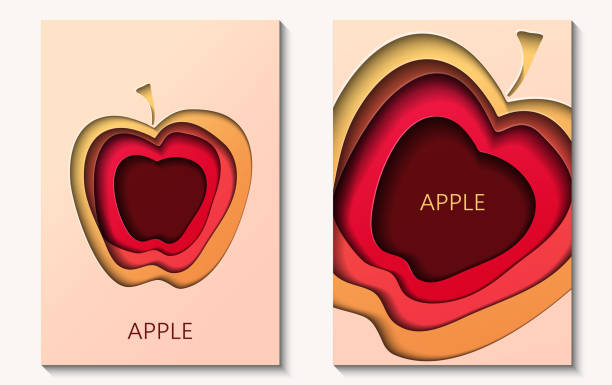 Two cards in paper cut style with apple, minimal template design. Abstract paper waves, layers, 3d art. Two cards in paper cut style with apple, minimal template design. Abstract paper waves, layers, 3d art. Vector illustration apple fruit stock illustrations