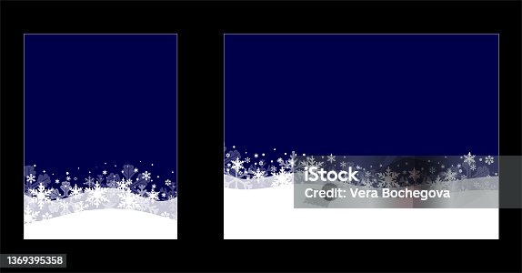 istock Two cards with a winter background. Dark blue base with white snow and snowflakes. Vector illustration, flat cartoon color design, isolated on black background, eps 10. 1369395358