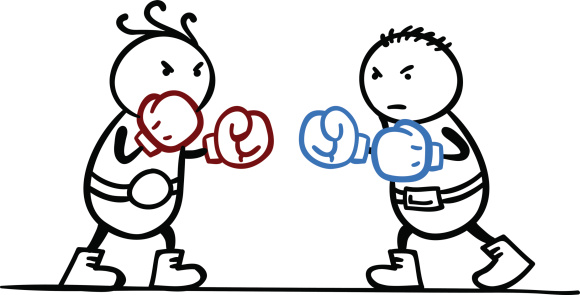 Two cartoon men practising boxing