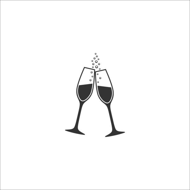 illustrazioni stock, clip art, cartoni animati e icone di tendenza di due bicchieri di champagne con icona vettoriale a bolle. - brindisi