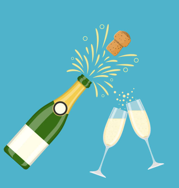 Two champagne glasses with champagne bottle Two champagne glasses with champagne bottle explosion. Cheers. Celebration. Holiday toast champagne stock illustrations