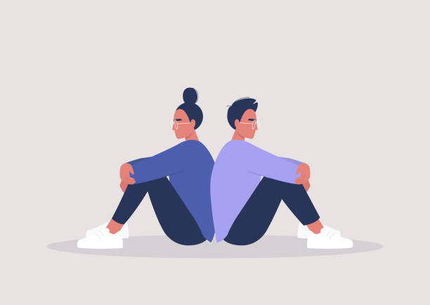 Two characters sitting back to back, disagreement, relationship troubles Two characters sitting back to back, disagreement, relationship troubles unhappy couple stock illustrations