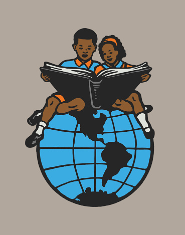 Two Children Sitting on a Globe Reading