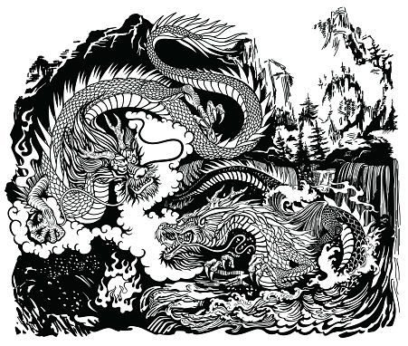 Two Chinese East Asian dragons encircling a flaming pearl. Landscape with waterfalls, mountains, clouds and water waves. Black and white graphic style vector illustration vector