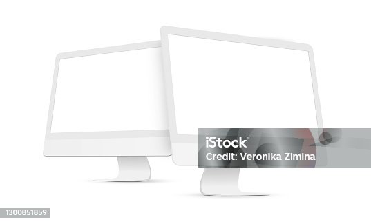 istock Two Clay Desktop PCs with Perspective Side Views Isolated on White Background 1300851859