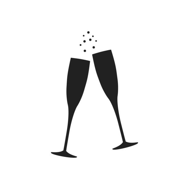 illustrations, cliparts, dessins animés et icônes de deux cliquetis mousseux silhouettes de verres de champagne. toast fête célébration du nouvel an. fond de mariage vectoriel pour invitation. - champagne