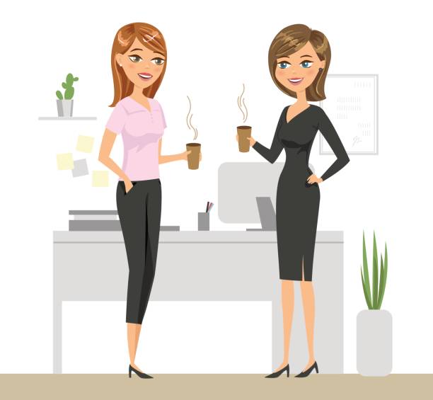 Two colleagues drinking coffee and talking in the office. Two smiling women are drinking coffee in the workplace. Vector illustration. Two colleagues drinking coffee and talking in the office. Two smiling women are drinking coffee in the workplace. Vector illustration. two women stock illustrations