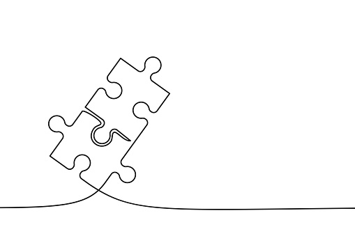 Two connected puzzle pieces of one continuous line drawn. Jigsaw puzzle element. Vector