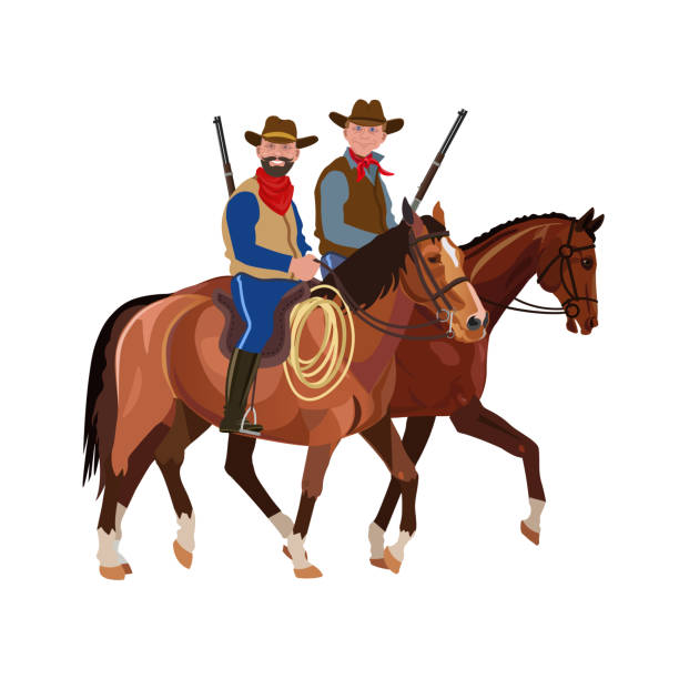 два ковбоя верхом на лошадях - texas shooting stock illustrations