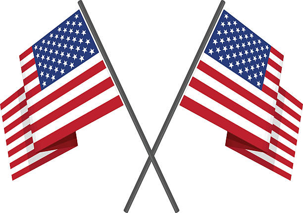 Two crossed american flag vector. Two crossed United States USA national flag on isolated white background. Waving American Flag in flat style. Vector illustration. voting borders stock illustrations
