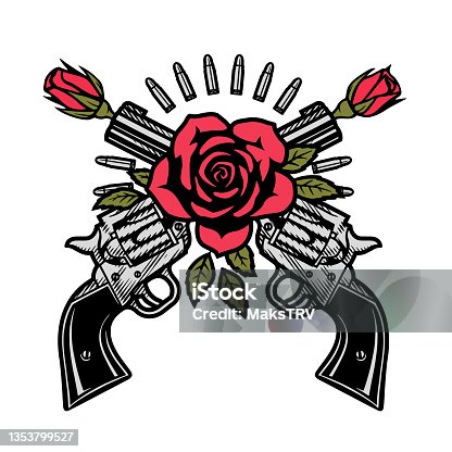 istock Two crossed pistols and roses. Vector illustration. 1353799527