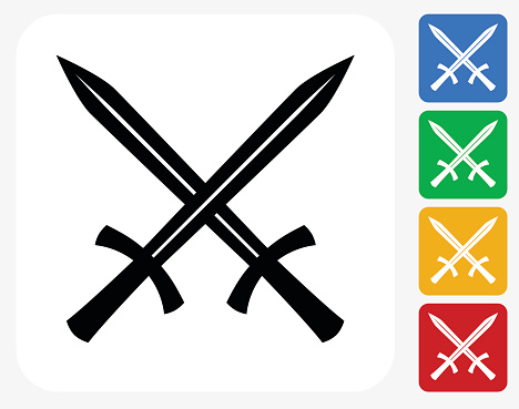 Two Crossed Swords Icon. This 100% royalty free vector illustration features the main icon pictured in black inside a white square. The alternative color options in blue, green, yellow and red are on the right of the icon and are arranged in a vertical column.