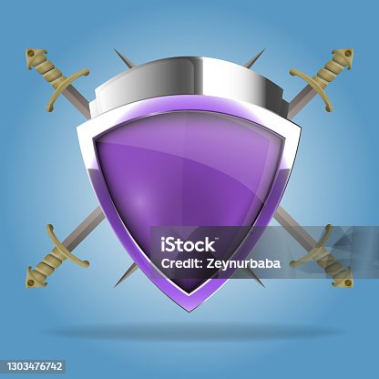 istock Two crossed swords that are behind the shield. The shield has a blank space for writing or drawing 1303476742