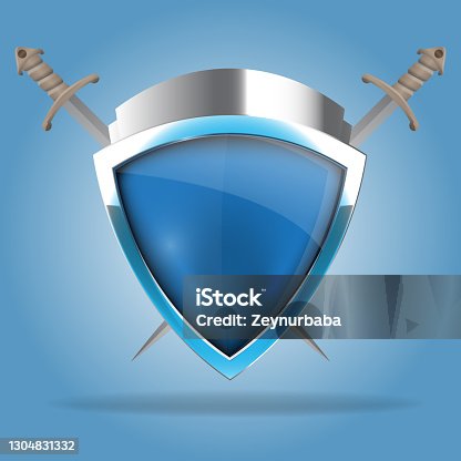 istock Two crossed swords that are behind the shield. The shield has a blank space for writing or drawing 1304831332