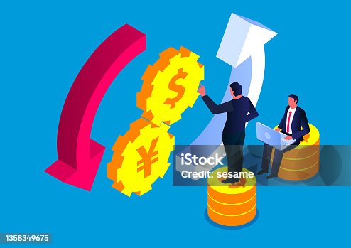 istock Two currencies form a circular arrow, currency calculation and exchange 1358349675