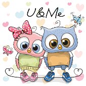 Two Cute Owls on a hearts background