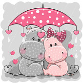 Two Cute Cartoon Hippos with umbrella under the rain