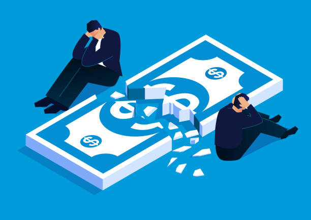 Two distressed and desperate businessmen sitting beside broken banknotes, bankruptcy, financial crisis, and reduced economic income vector art illustration