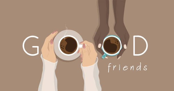 zwei verschiedene mädchen mit einer tasse kaffee - hand holding coffee stock-grafiken, -clipart, -cartoons und -symbole