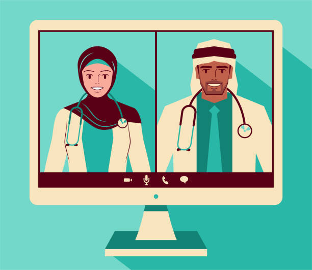 stockillustraties, clipart, cartoons en iconen met two doctors attending a video conference - arabic student