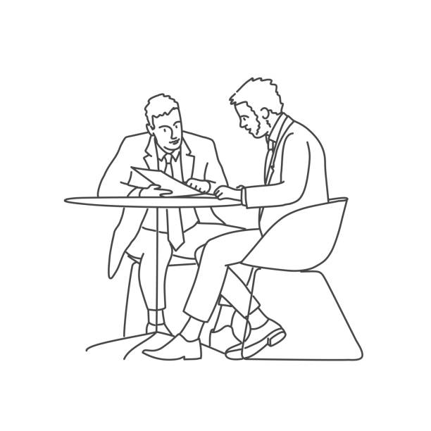 Two employees discuss their work. Two employees discuss their work. Line drawing vector illustration. businessman drawings stock illustrations