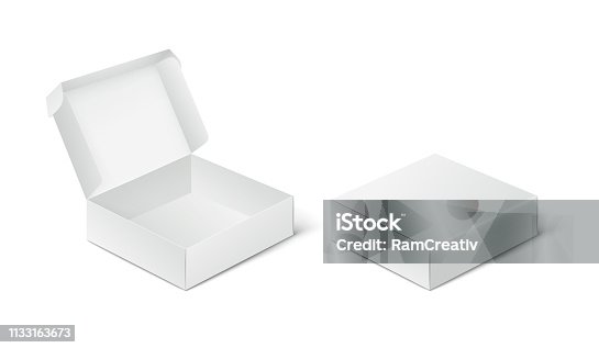 istock Two empty closed and open packing boxes, box mockup on white background. 1133163673