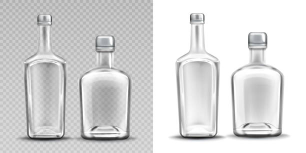 Two empty glass bottles for alcohol, whiskey Two empty glass bottles for alcohol. Vector set of realistic clear whiskey, gin, tequila or brandy bottles with metal caps isolated on transparent and white background bottle stock illustrations