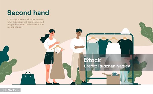 istock Two female characters are second hand shopping together 1307421535