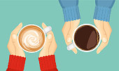 istock Two friends are drinking coffee. Hands hold cup of cappuccino or hot tea. Top view. Vector illustration in cartoon flat style. 1341653418