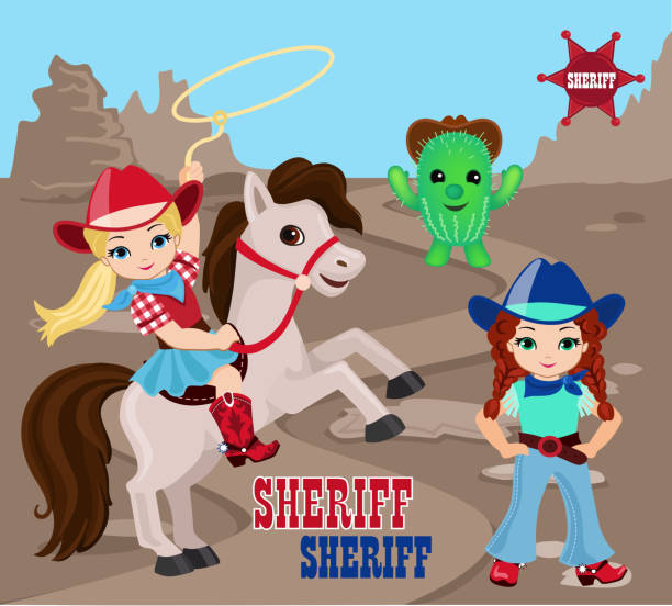 bildbanksillustrationer, clip art samt tecknat material och ikoner med två flickor cowboys på en stenig öken bakgrund. - desert cowgirl